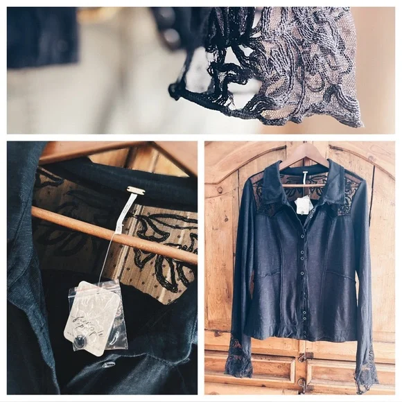 NWT Free People Rosebud Cuff Lace Top - Black - Size XL - Picture 6 of 16